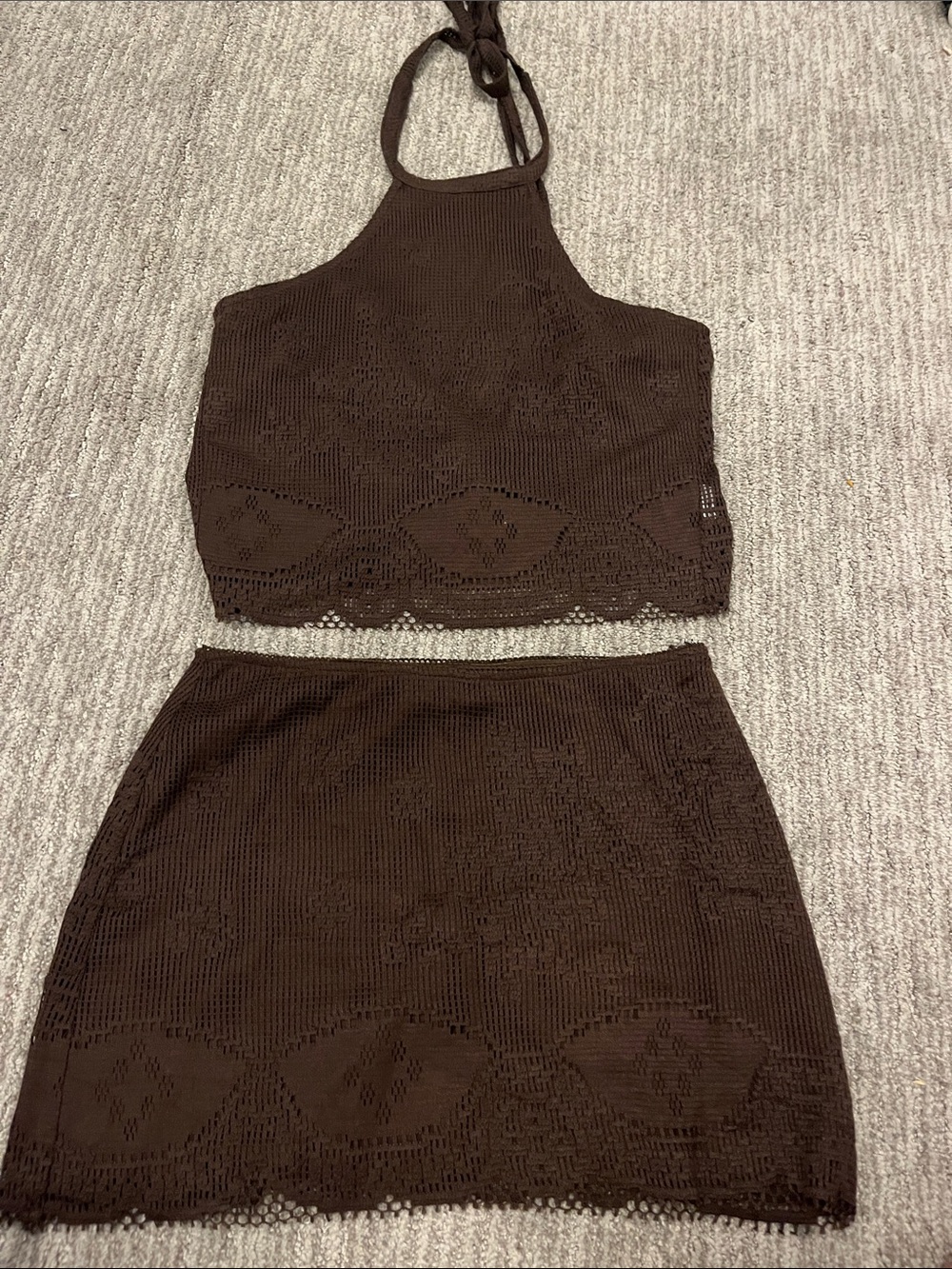 Stella Laguna Beach Brown Crochet Halter Top & Mini Skirt Set